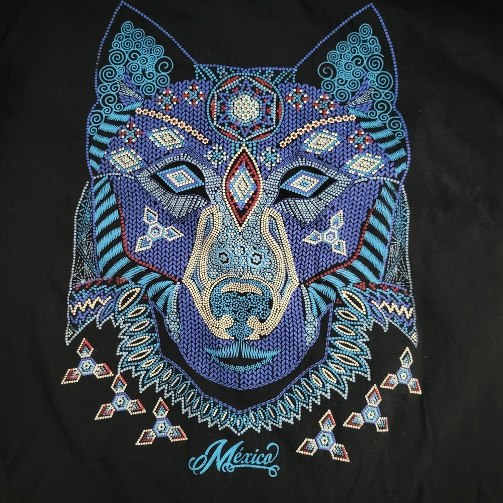 Pepeton Mexico Wolf Graphic T Shirt Black Mandala Mosaic XL